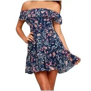 Lulus My Favorite Navy Blue Floral Print Off-the-Shoulder Dress Size Small